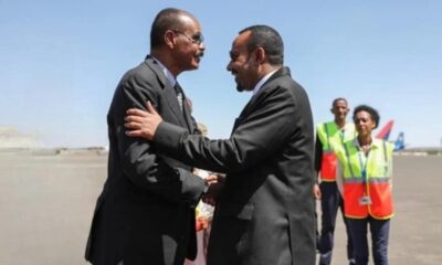 Abiy Ahmed greets Isaias Afwerki upon arrival in Asmara, Eritrea, March 3, 2019